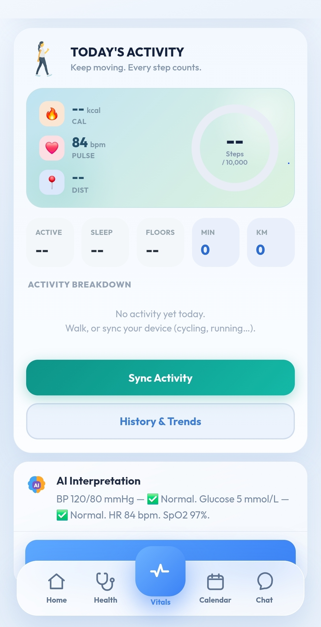 Today's Activity — steps, calories, pulse and distance with an AI interpretation