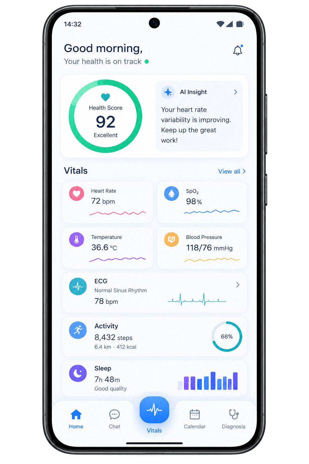 D Health — Home: Health Score, vitals, ECG, activity and sleep in one view
