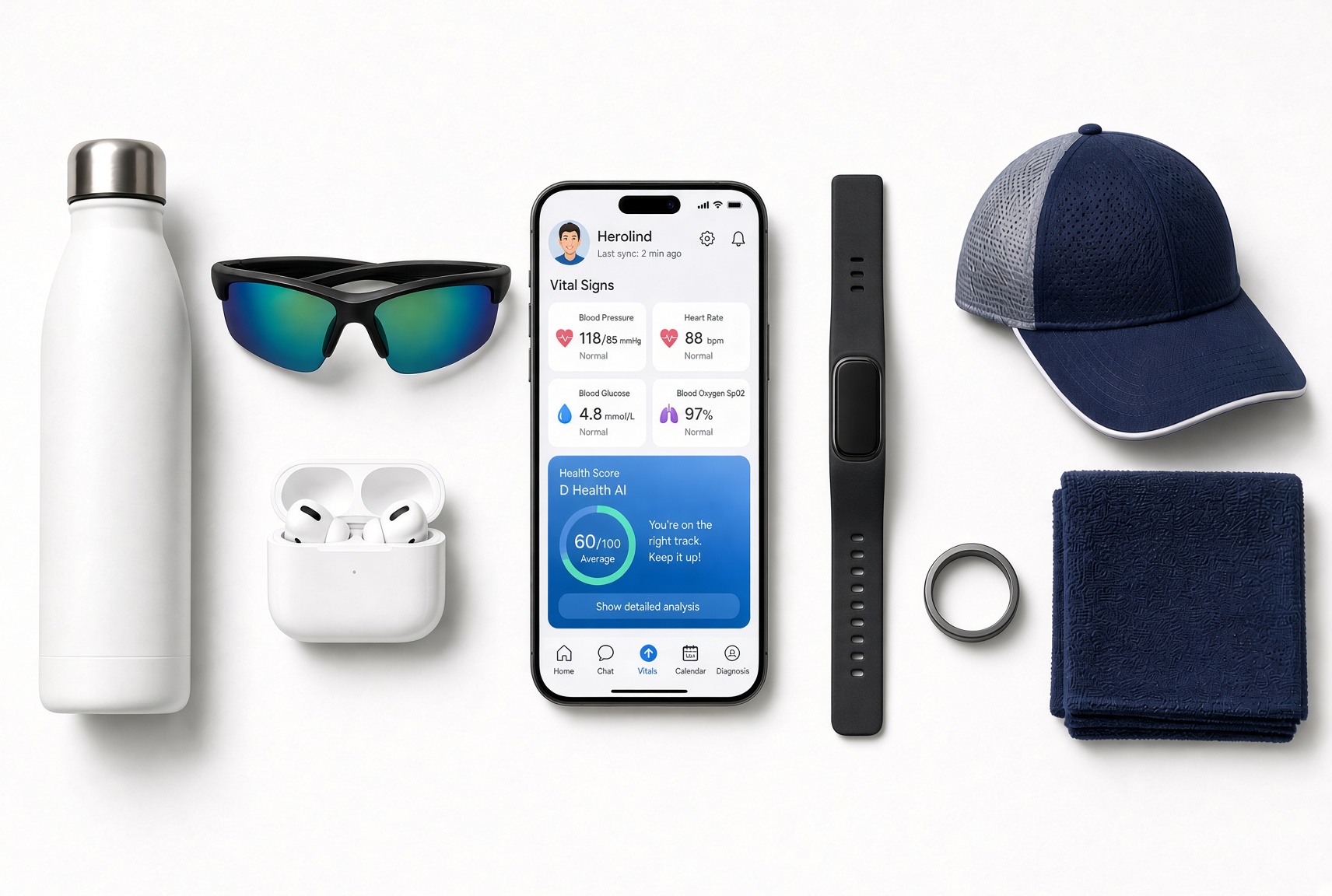 The D Health app surrounded by a smart ring, fitness band, sport sunglasses, earbuds and everyday essentials